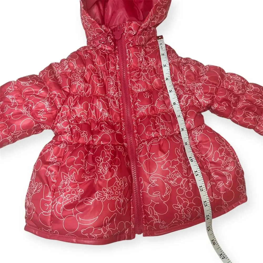 Disney Minnie Mouse Pink Puffer Jacket Toddler Girl Hooded Fleece Lined Coat 2T